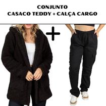 Combo 1 Calça Cargo Feminina Boca Larga + Casaco Feminino Teddy Pelinho