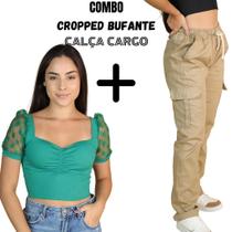 Combo 1 Calça Masculina Cargo Boca Larga Com Elástico + 1 Cropped Feminino Manga Bufante Tule Poá Com Bojo