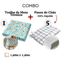 Combo 1 Toalha de Mesa 4 Lugares Impermeável Com 5 Panos De Chão Quadriculados Multiuso Geral