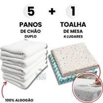 Combo 1 Toalha de Mesa 4 Lugares Impermeável Mais 5 Panos De Chão Branco Pé de Galinha Grande