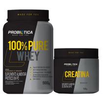 Combo 100% Pure Whey Protein 900g e Creatina Monohidratada 100g - Probiótica - Massa Muscular