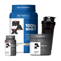 Combo 100% Whey 900g, BCAA 60 Cápsulas, Creatina Monohidratada 150g e Coqueteleira 700mL - Max Titanium