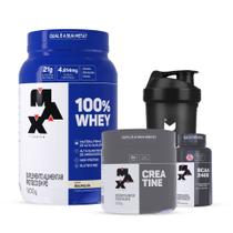 Combo 100% Whey 900g, BCAA 60c, Creatina 300g e Coqueteleira Max Titanium