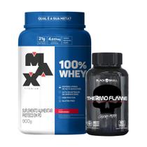 Combo 100% Whey Protein 900g e Cafeína Themo Flame 60 Tabs - Definição e Massa Muscular - Max Titanium