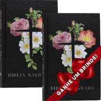 Combo 2 Bíblias Sagradas Flores Cruz Capa Dura Letra Média Cristã Evangélica Gospel Índice Crente Feminina Mulher Homem Leão Jovem Adolescente I