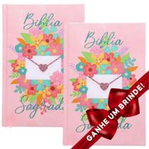 Combo 2 Bíblias Sagradas Florescer Capa Dura Letra Média Cristã Evangélica Gospel Índice Crente Feminina Mulher Homem Leão Jovem Adolescente Igr