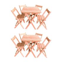 Combo 2 Jogos de Mesa 70x70 Dobrável com 4 Cadeiras Madeira Liso / Cru
