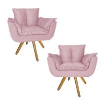 Combo 2 Poltrona Decorativa Base Giratória De Madeira Salão Opala Suede Rosa Bebe - DL Decor