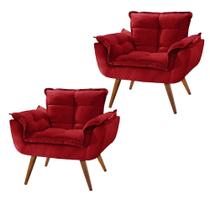Combo 2 Poltronas Decorativas Opala com Pés Palito Madeira Suede Vermelho