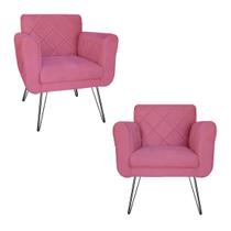 Combo 2 Poltronas Estofadas Sala Comercial Pés de Ferro Isabella Suede Rosa Barbie - LM DECOR
