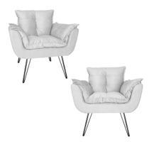 Combo 2 Poltronas Estofadas Sala Comercial Pés de Ferro Opala Suede Branco - LM DECOR