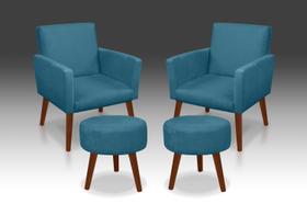 Combo 2 Poltronas Nina + 2 Puff Redondo Suede Azul Turquesa- Rv Decora