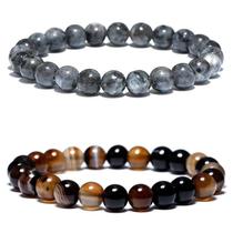 Combo 2 Pulseiras De Bolinha Masculina Ônix Olho De Tigre