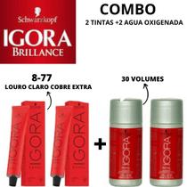 Combo 2 tintas igora 8-77(louro claro cobre extra) +2 agua oxigenada vol 30