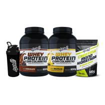 Combo 2x Whey Protein - Sabor Chocolate e Baunilha 900g + Creatina 500g + Coqueteleira - 4well Combo 2x Whey Protein - Sabor Chocolate e Baunilha 900g + Creatina 500g + Coqueteleira - 4well