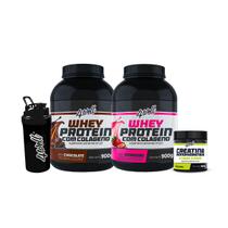 Combo 2x Whey Protein - Sabor Chocolate e Morango 900g + Creatina 300g + Coqueteleira - 4well Combo 2x Whey Protein - Sabor Chocolate e Morango 900g + Creatina 300g + Coqueteleira - 4well