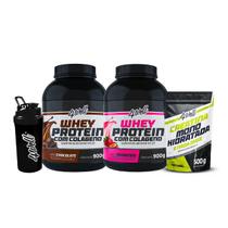 Combo 2x Whey Protein - Sabor Chocolate e Morango 900g + Creatina 500g + Coqueteleira - 4well Combo 2x Whey Protein - Sabor Chocolate e Morango 900g + Creatina 500g + Coqueteleira - 4well