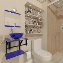 Combo 2x1 gabinete de vidro 40cm ap com cuba redonda azul escuro + torneira cromada