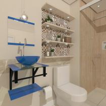 Combo 2x1 gabinete de vidro 40cm ap com cuba redonda azul + torneira cromada