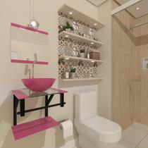 Combo 2x1 gabinete de vidro 40cm ap com cuba redonda rosa + torneira cromada