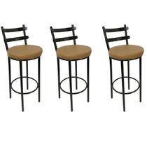 Combo 3 Banquetas Rafaela - Redonda Altura 65cm para Bar e Cozinha Preta com Assento Confortável cor Caramelo