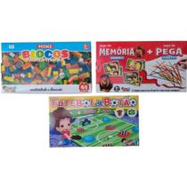 Combo 3 Brinquedos ( Mini Blocos + Pega Vareta C/21 + Jogo Memória Animais + Futebol Botão 2 Times )