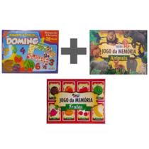 Combo 3 Jogos (J. Dominó Frutas e Números Educacional + J. Memória Animais + J. Da Memória Frutas).
