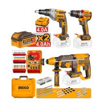 Combo 3 Peças a Bateria INGCO COSLI2505919 P20S 20V Brushless com Parafusadeira de Impacto Drywall Martelete 2x Bateria 4.0Ah Carregador e Acessórios