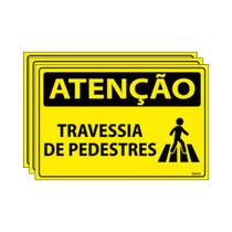 Combo 3 Placas De Sinalização Atenção Travessia De Pedestres 30x20 Ecom IA - SA36 F9e