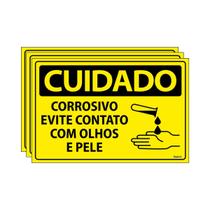 Combo 3 Placas De Sinalização Cuidado Corrosivo Evite Contato Com Olhos E Pele 30x20 Ecom IA - SC38 F9e