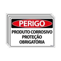 Combo 3 Placas De Sinalização Perigo Produto Corrosivo Proteção Obrigatória 30x20 Ecom IA - SP24 F9e