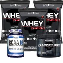 Combo 3x Suplemento em pó Black Skull Whey Protein Turbo Toffe 900g + Creatina + Bcaa