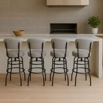 Combo 4 Banquetas Alta Bar Giratória com Encosto cor Preta Assento linho cinza Confortável