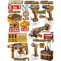 Combo 5 em 1 Ingco a Bateria 20v CKLI20595-9, Furadeira 66N, Martelete 2,5J, Lanterna 450Lm, Esmerilhadeira 1.200w e Chave de Impacto 405N Combo 5 em 1 Ingco a Bateria 20v CKLI20595-9, Furadeira 66N, Martelete 2,5J, Lanterna 450Lm, Esmerilhadeira 1.200w e Chave de Impacto 405N