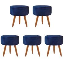 Combo 5 Puffs decorativos redondo pé palito-Suede Azul Marinho