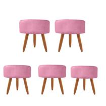 Combo 5 Puffs decorativos redondo pé palito-tecido suede rosa