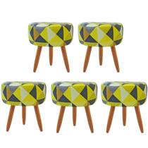 Combo 5 Puffs decorativos redondo pé palito-tecido triangûlo amarelo