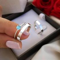 Combo Alianças de Prata Polidos 3mm + Anel Sheju Pedra Azul