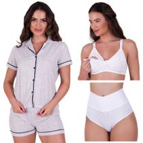 Combo Amamentação Pijama Botão Brenda + Sutiã Amamentação Liso + Calcinha Pós Parto Thamires