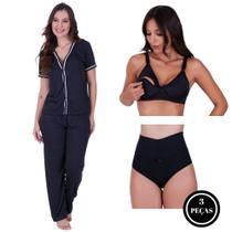 Combo Amamentação Pijama com Botões Calça Vanessa + Sutiã Amamentação + Calcinha Pós Parto Thamires