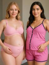 Combo Amamentação Pijama com Botões Sutiã com Clique e Calcinha Pós Parto-c13 DAYSE+JOLIE
