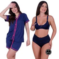 Combo Amamentação Pijama Sabrina com Botões Sutiã com Clique e Calcinha Pós Parto- c7 COMBO SABRINA