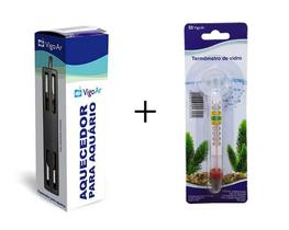Combo Aquecedor de Aquário (Aquece 7 a 10L) + termômetro para Aquário 10w 7 a 10 litros 127v Vigoar
