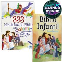 Combo Bíblia Infantil Letra Grande Capa Dura Almofadada + Livro 333 Histórias da Bíblia para Colorir Ilustrada - Igreja Cristã Amigo Evangélico