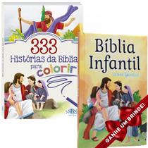 Combo Bíblia Infantil Letra Grande Capa Dura Almofadada + Livro 333 Histórias da Bíblia para Colorir Ilustrada