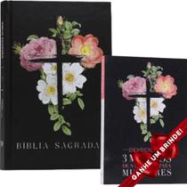 Combo Bíblia Sagrada Flores Cruz Capa Dura + Devocional 3 Minutos de Sabedoria Para Mulheres Flores Cruz - Igreja Cristã Amigo Evangélico