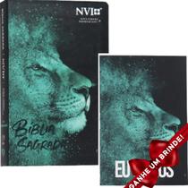 Combo Bíblia Sagrada Letra Hipergigante Capa Semi-Flexível Leão Azul + Devocional Eu e Deus Cristã Evangélica Gospel Índice Crente Feminina Mulher - Presente Religião Igreja Jesus Masculina Barata