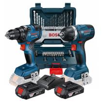 Combo Bosch Furadeira GSB 185-LI + Chave de Impacto GDR 18V-200 Brushless com 2 Baterias e Jogo X-Line 33 Peças