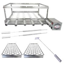 Combo Brasa Grill Tradicional Gira 6 Espetos Churrasqueira Giratória Bi Volts