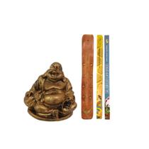Combo Buda Chinês Miniatura + Incensário + Incenso Taj 2unid